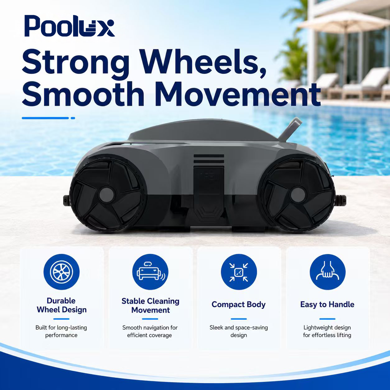 Poolux R8 pool cleaning robot product details and compact underwater cleaner design