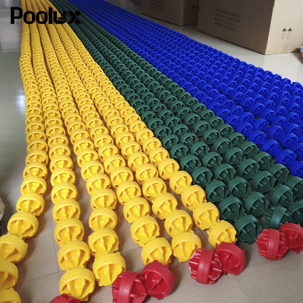 25m anti-wave swimming pool lane line with red floating discs and adjustable tensioner
