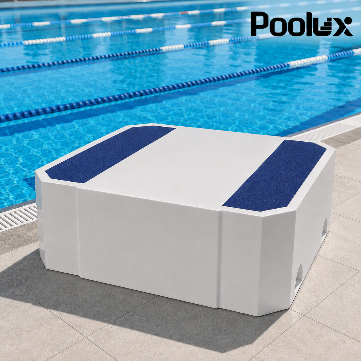 Poolux raised pool deck height platform installed beside a competition swimming pool