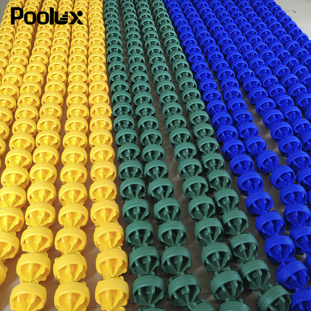close-up of polypropylene anti-wave floating discs for commercial swimming pool lane lines