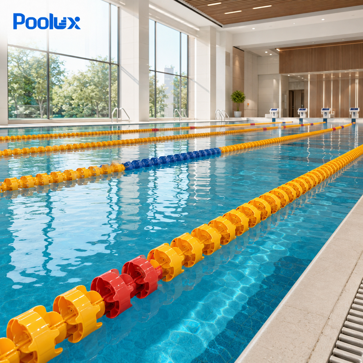 PL-WTL-11 wheel-type floating lane line installed across a swimming pool