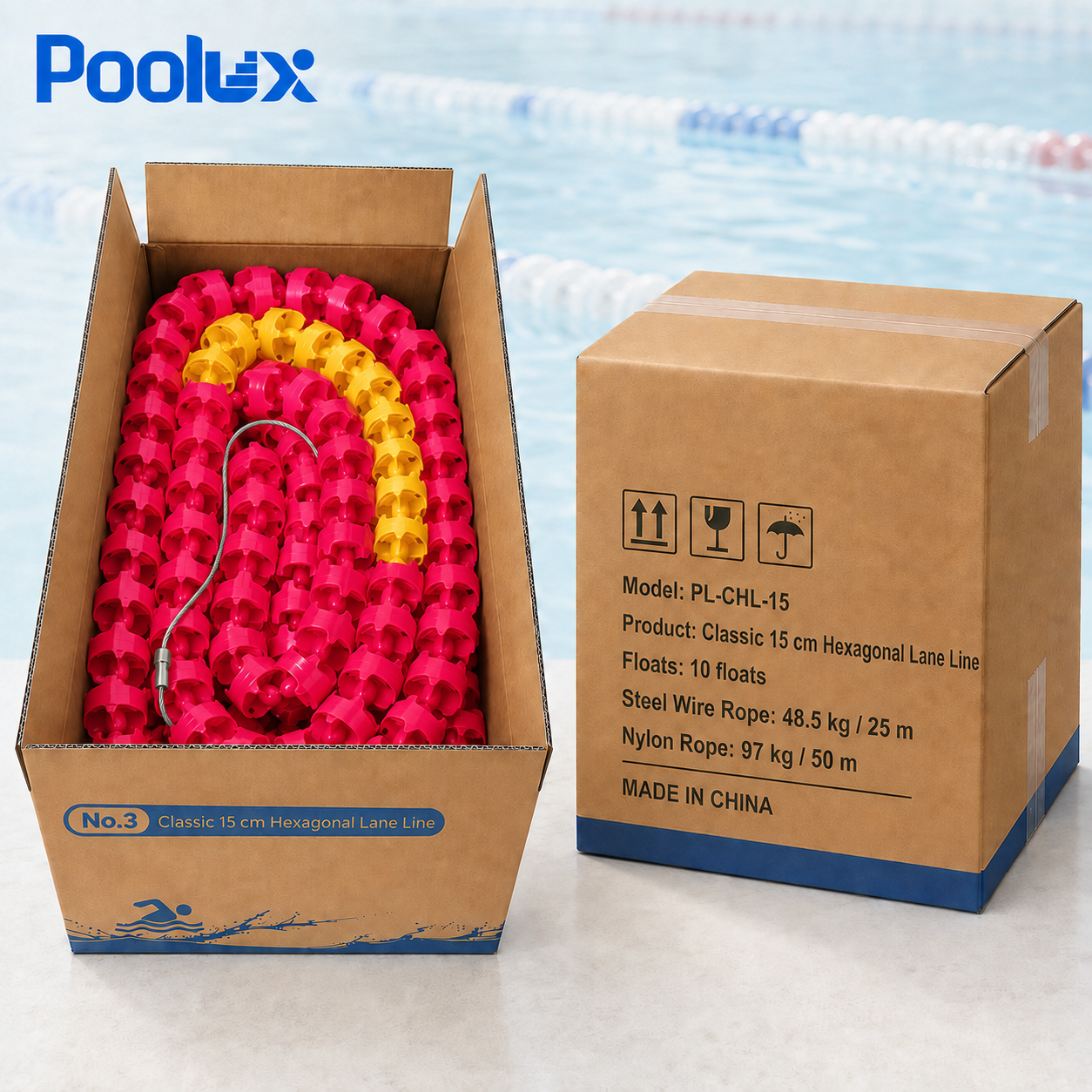 Poolux classic hexagonal swimming pool lane line factory product display