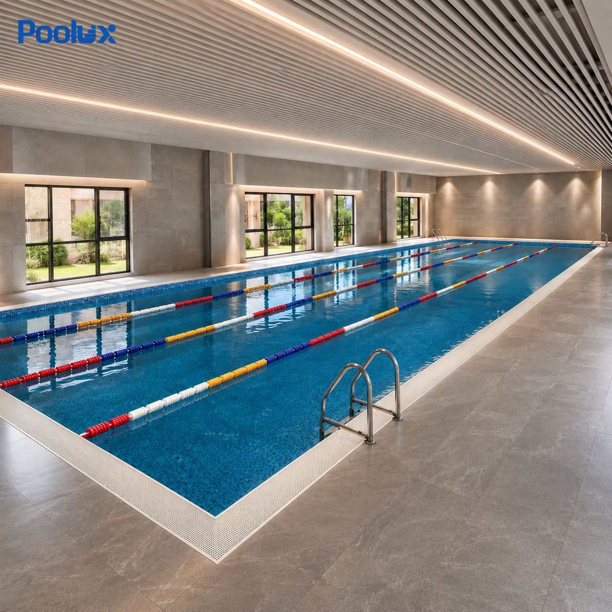 PL-SL-9 floating spiral lane line installed across a swimming pool