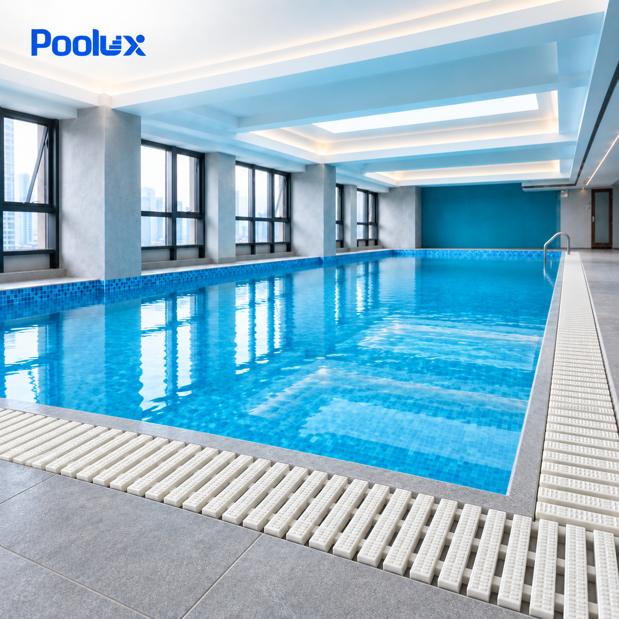 Reinforced white PP swimming pool grating installed around a swimming pool