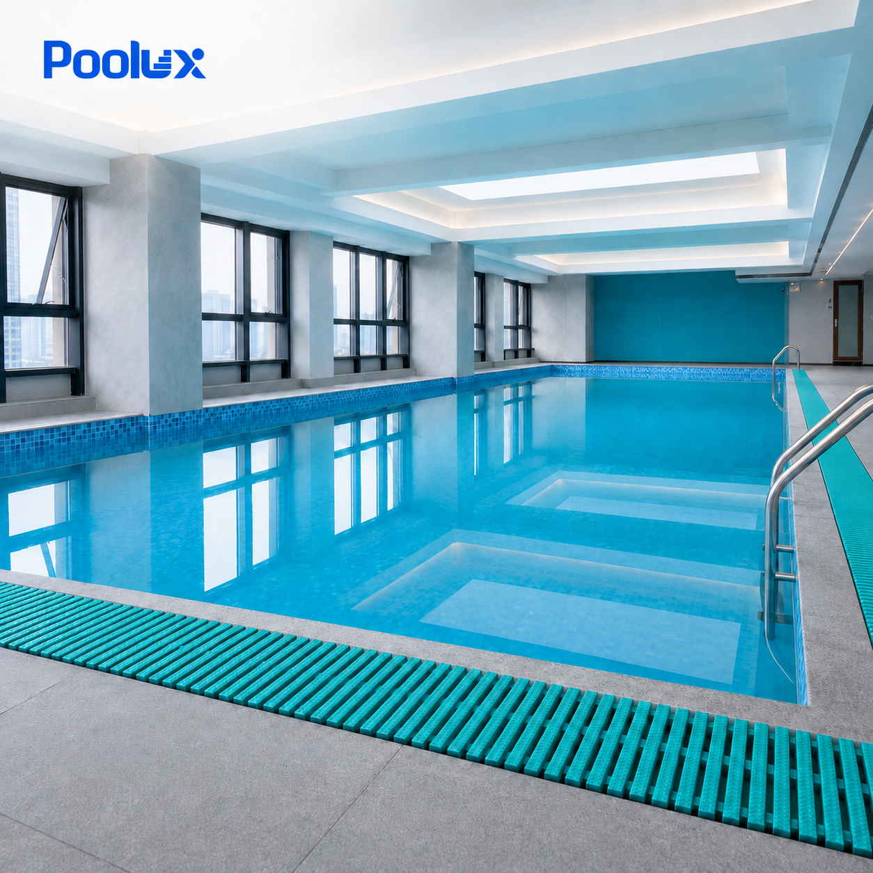 Poolux wave-shaped swimming pool grating installed in a poolside application