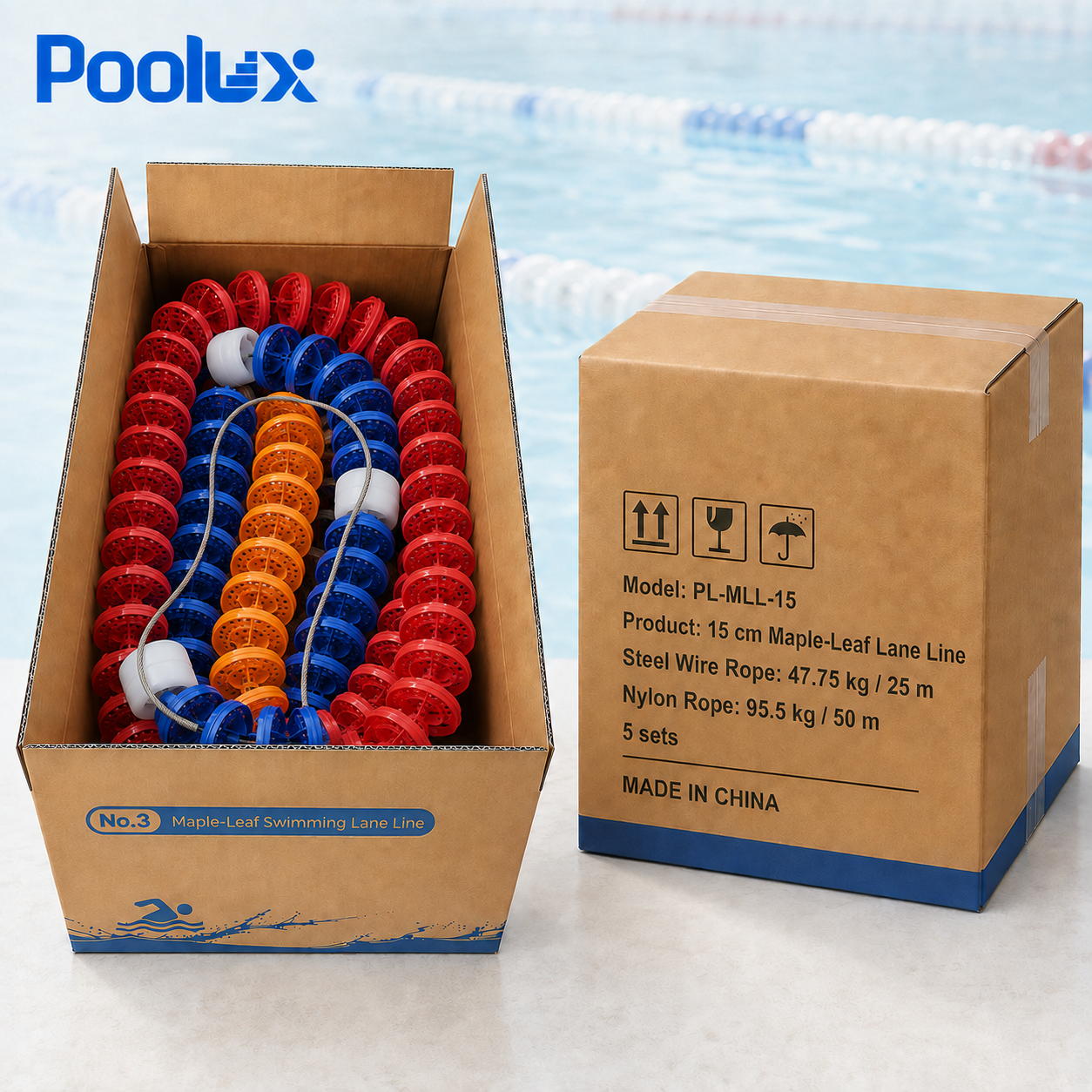 Poolux PL-MLL-15 maple-leaf lane line packing and carton display