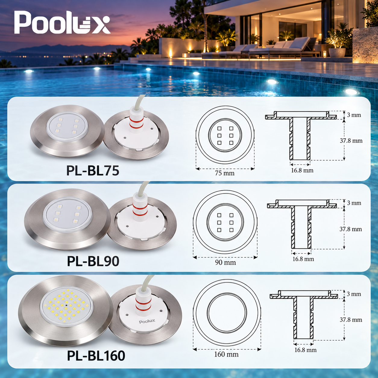 Poolux mini underwater swimming pool light dimensional illustration for 75 mm 90 mm and 160 mm size options