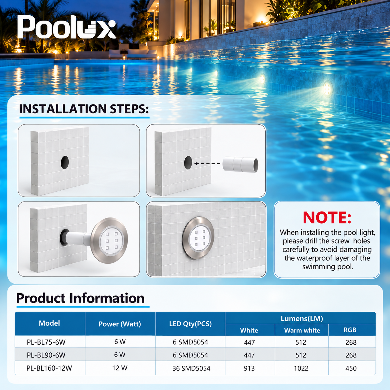 Poolux mini 316 stainless steel LED swimming pool light wall-mounted underwater installation reference