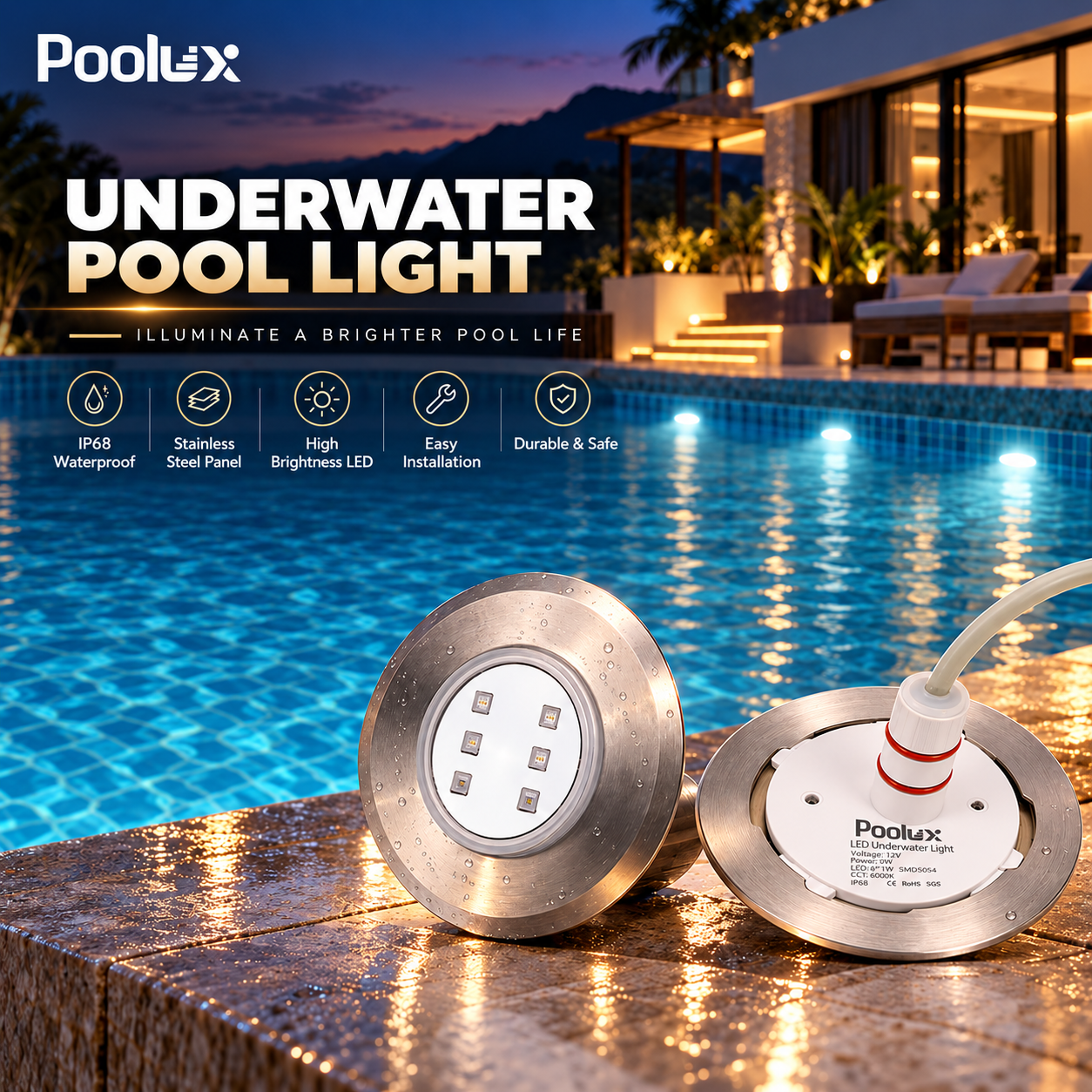 Poolux mini underwater LED swimming pool light application display for residential and commercial pool lighting