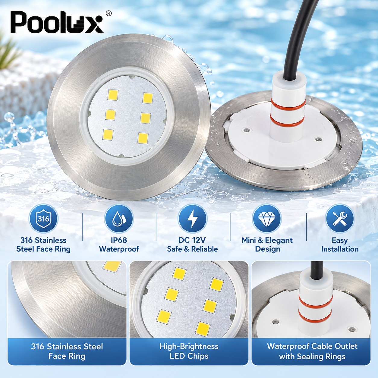 Poolux mini 316 stainless steel LED swimming pool light product detail and exterior design