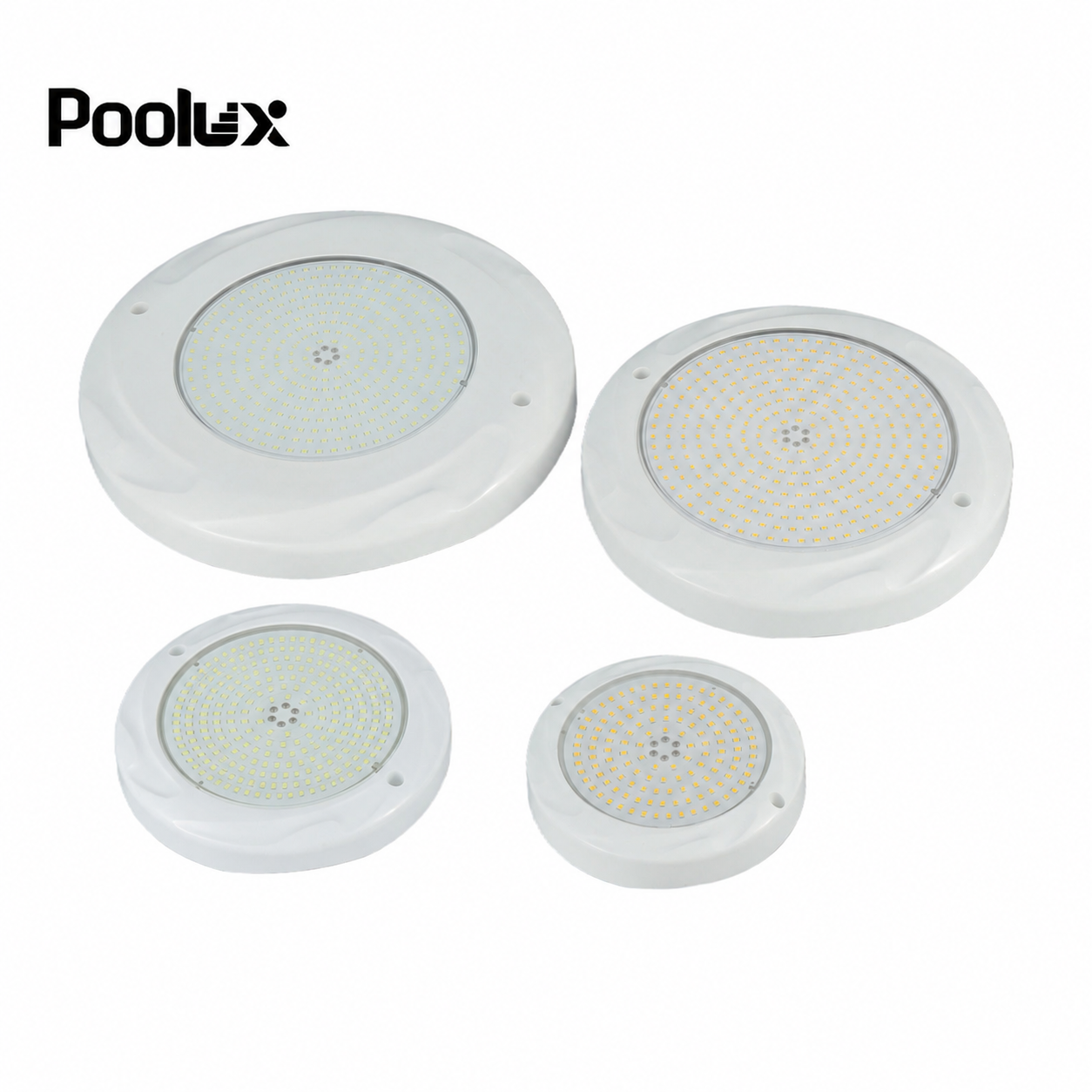 Poolux RF Series plastic wall-mounted LED swimming pool lights main product display for 130mm 160mm 230mm and 280mm models