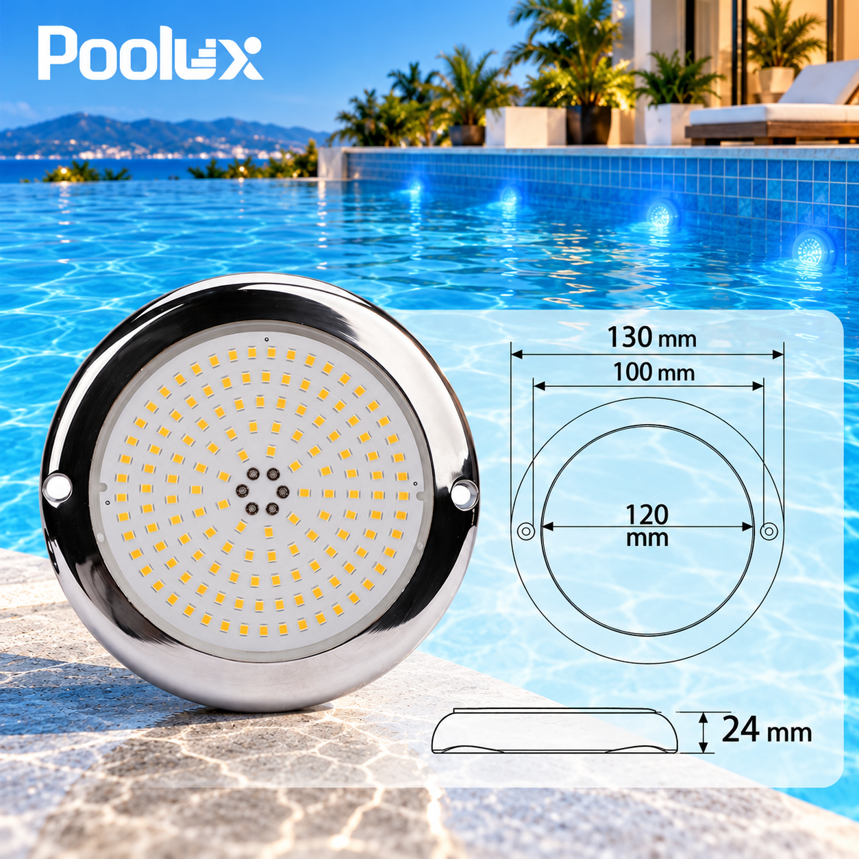 Poolux PL-RF130 LED swimming pool light dimensional illustration with 130 × 24 mm product size