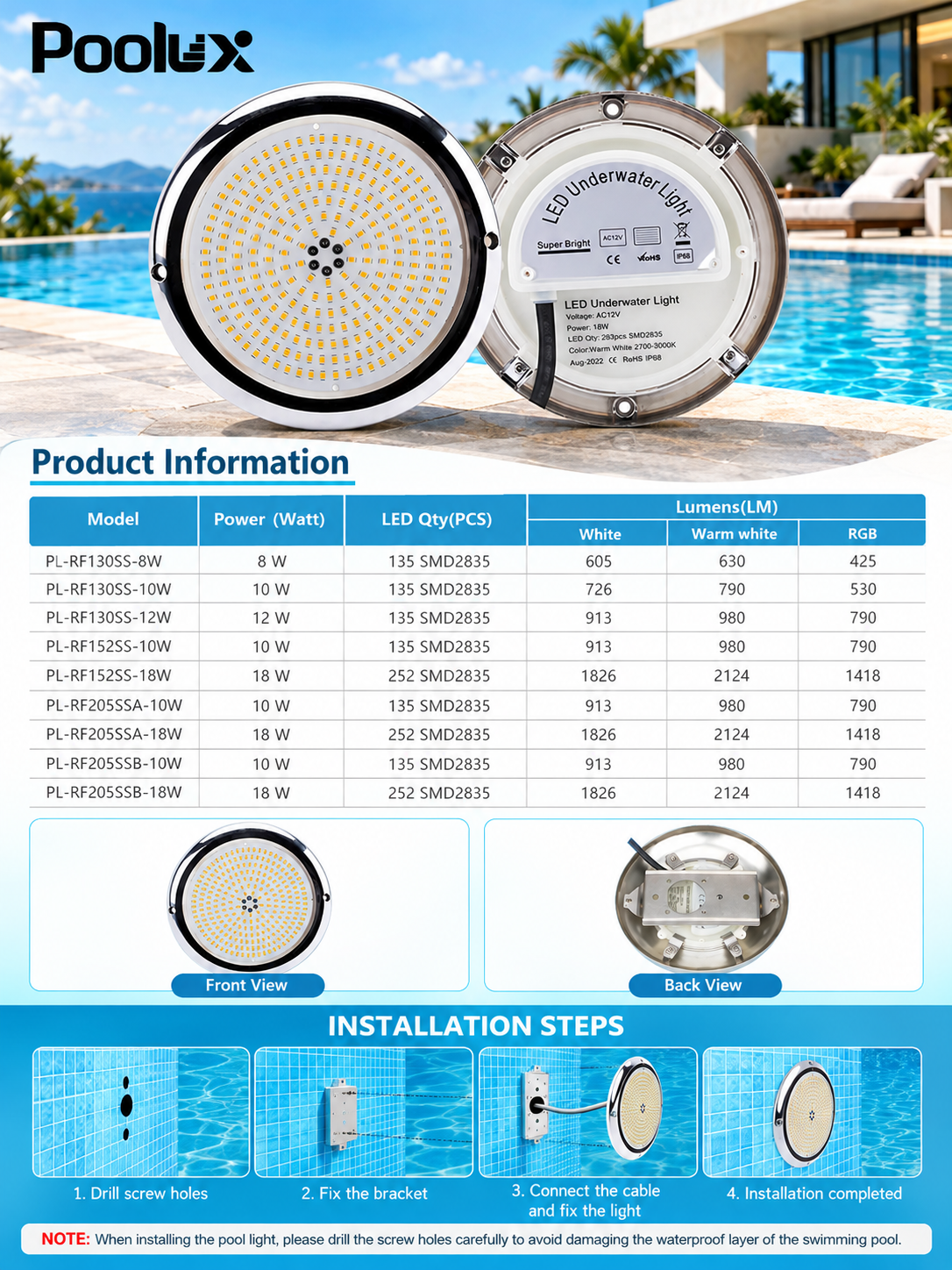 Poolux PL-RF152 underwater swimming pool light wall-mounted installation diagram