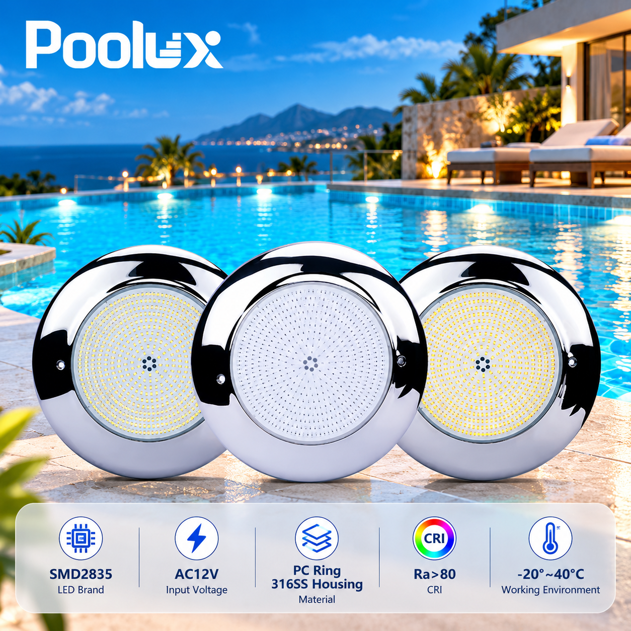 Poolux wall-mounted underwater LED swimming pool light application display for pool lighting projects