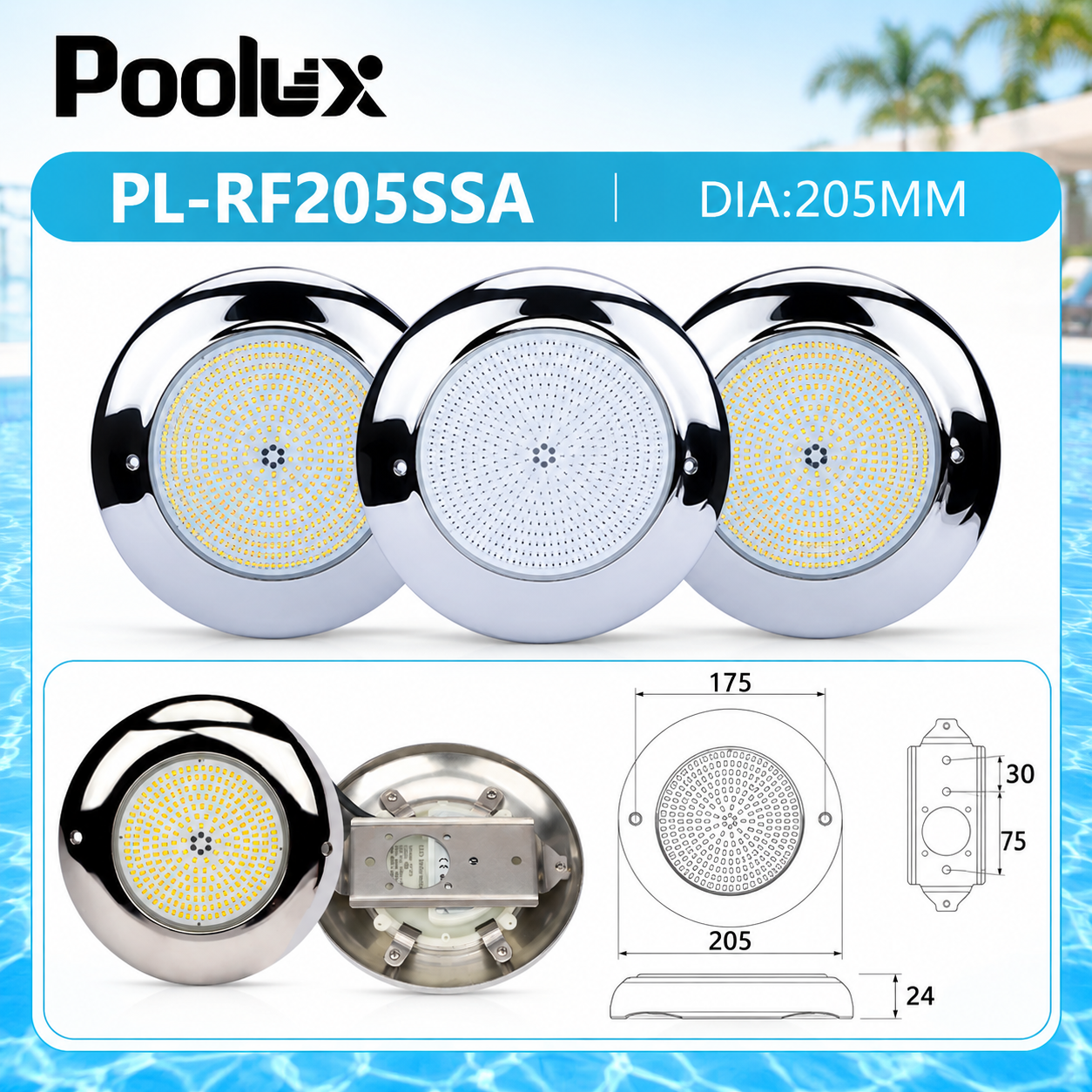 Poolux PL-RF205 LED swimming pool light product dimensions 205 × 24 mm