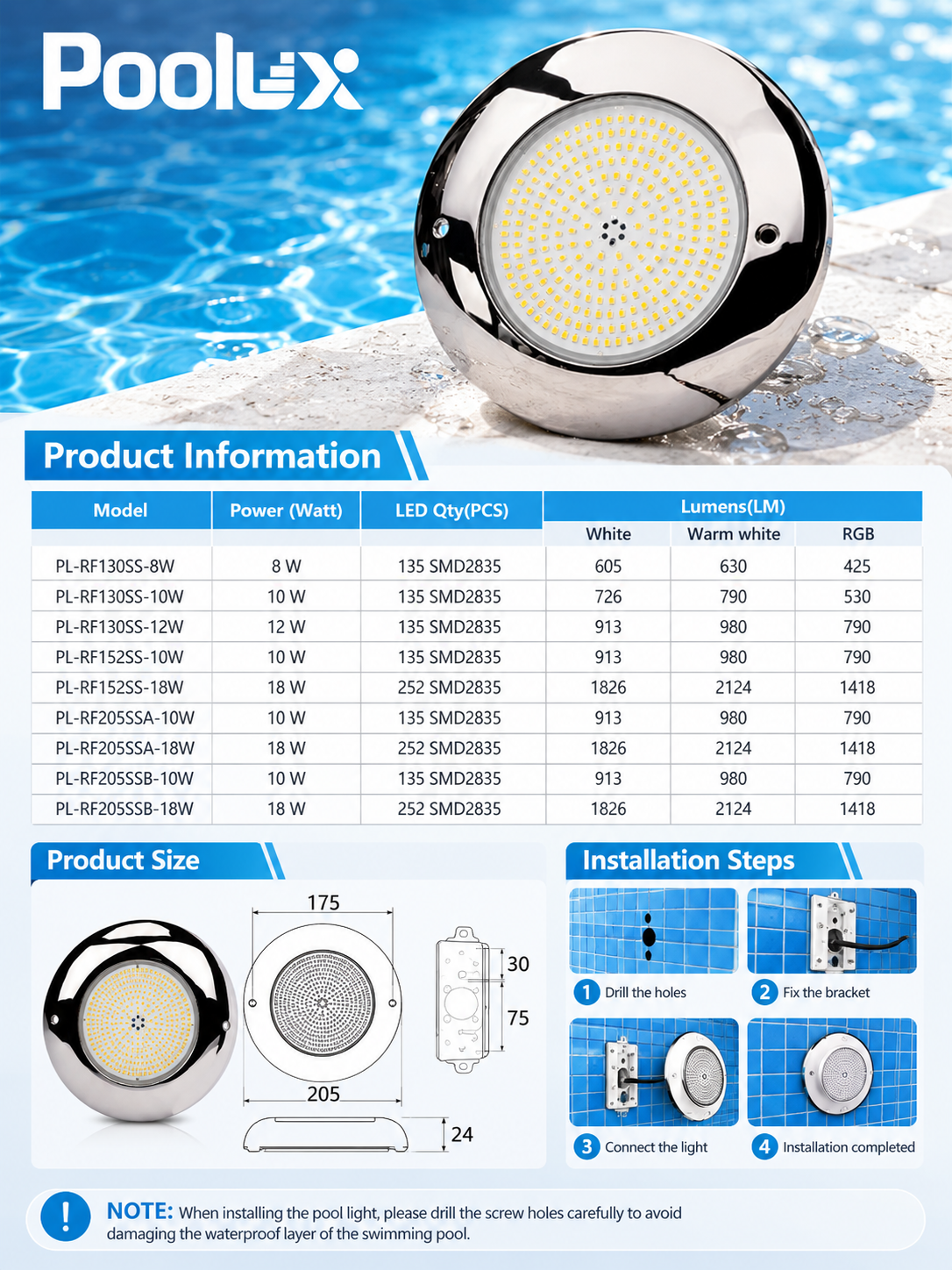 Poolux PL-RF205 underwater LED pool light wall-mounted installation reference diagram