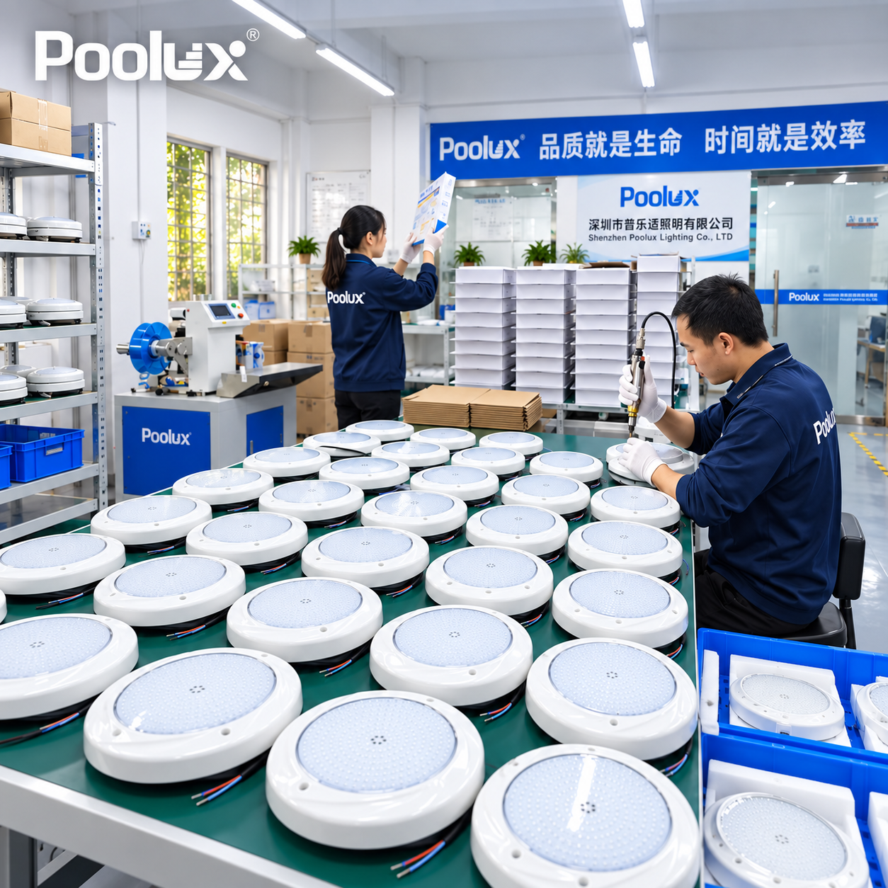 Poolux swimming pool lighting factory and RF Series product supply display