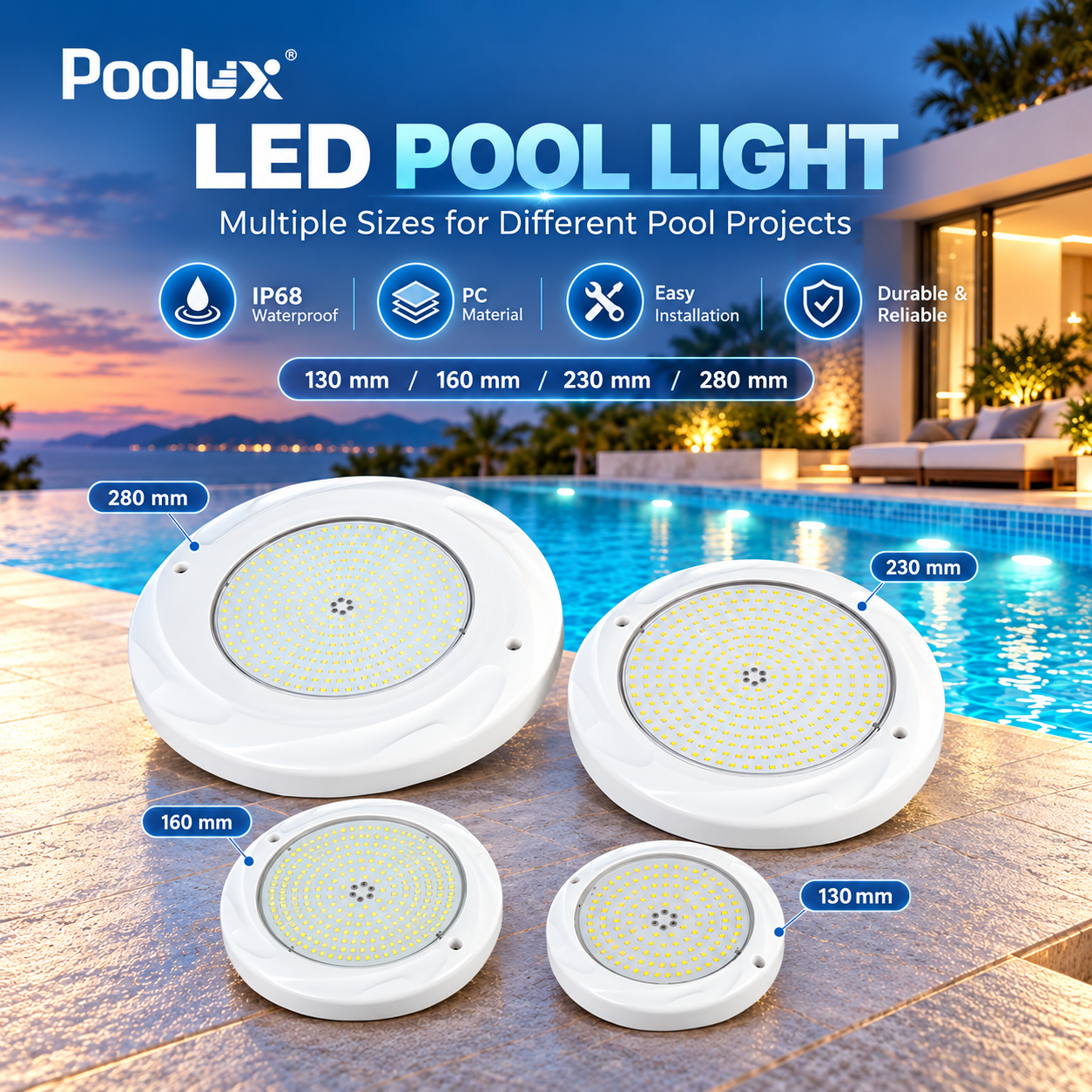 Poolux RF Series wall-mounted LED underwater swimming pool light application display