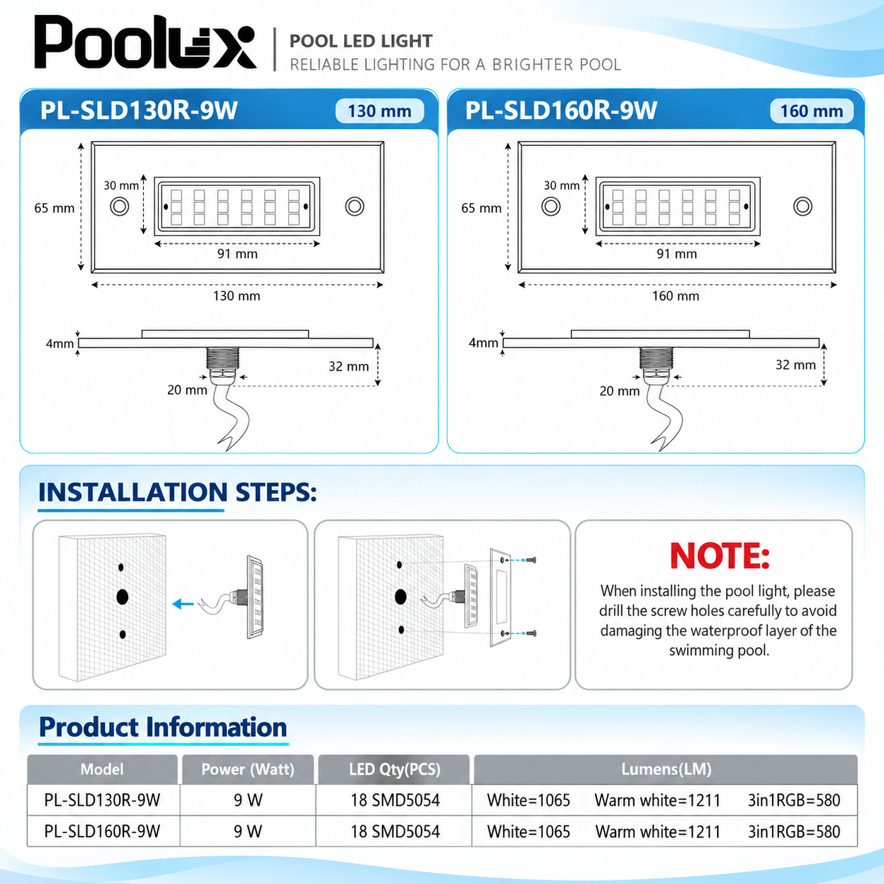 Poolux rectangular LED underwater swimming pool step light wall-mounted installation diagram