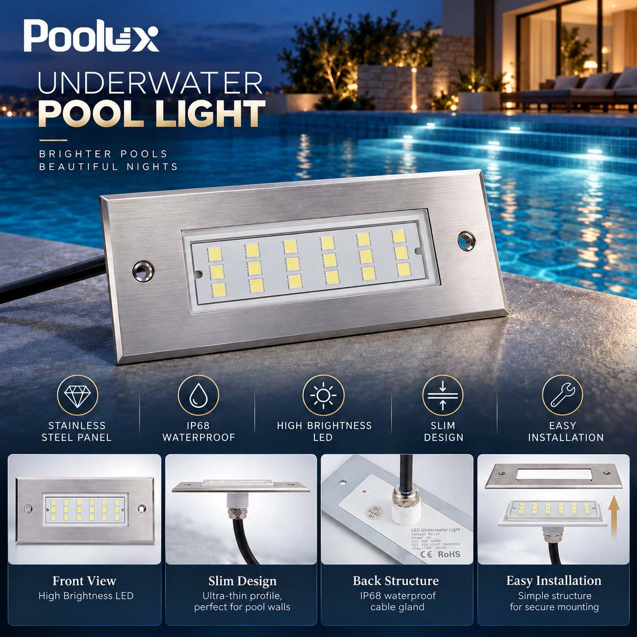 Poolux rectangular stainless steel LED swimming pool step light product details and design