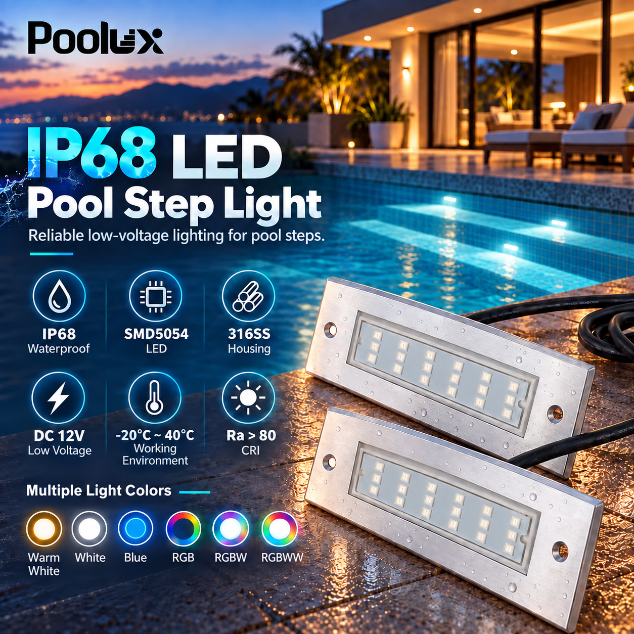 Poolux rectangular underwater LED swimming pool step light application display