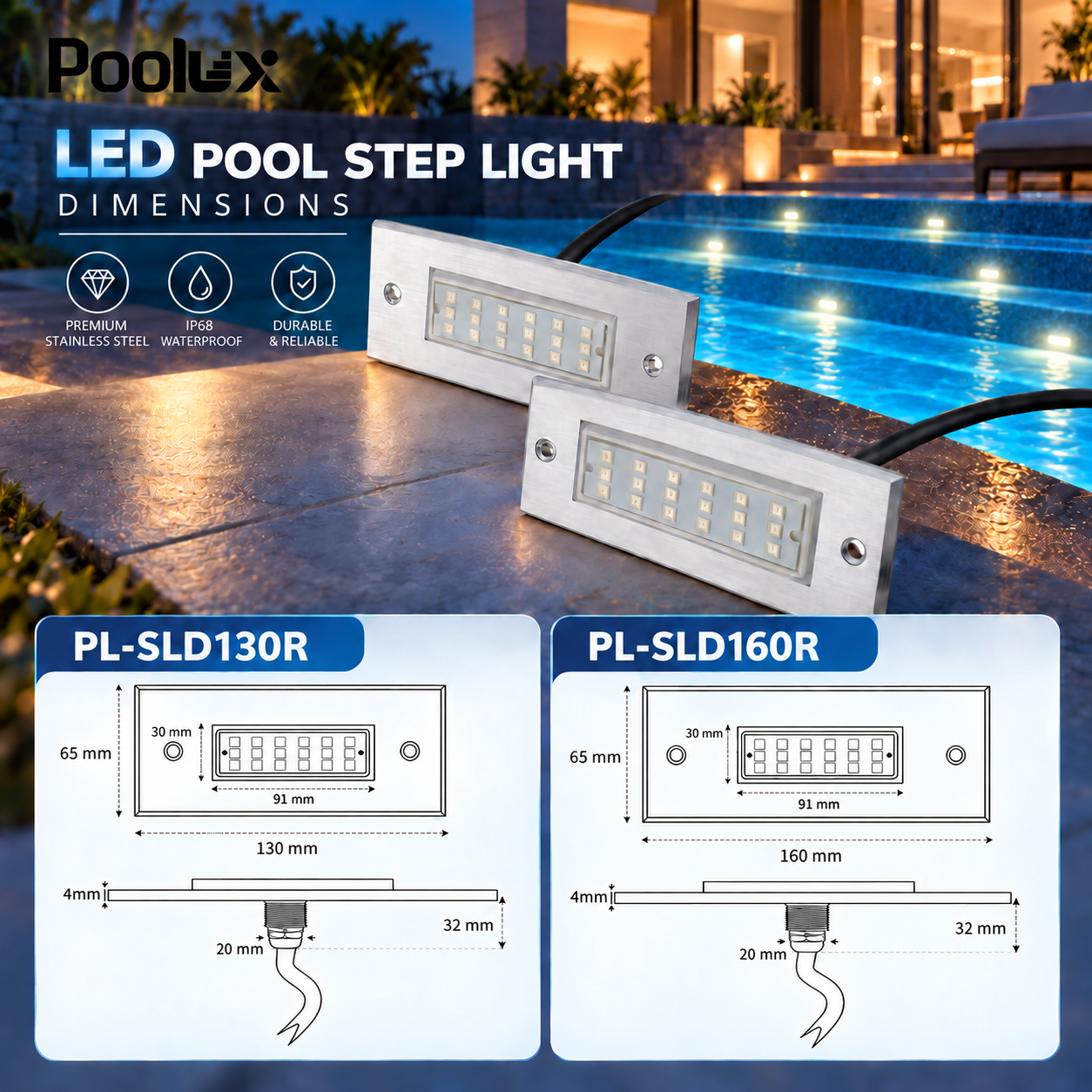 Poolux rectangular LED swimming pool step light product dimension reference for 130 mm and 160 mm sizes